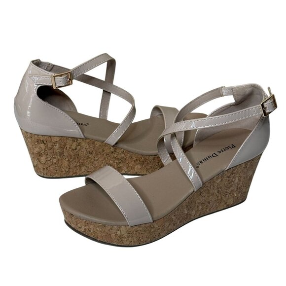 Pierre Dumas Nude Patent Cork Wedge Sandals Size 9 - Picture 1 of 11
